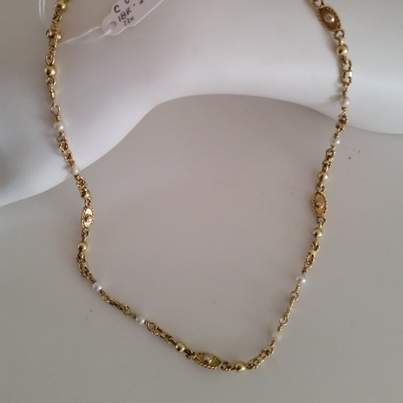 18K GOLD DIAMOND & PEARL NECKLACE. - Picture 1 of 11
